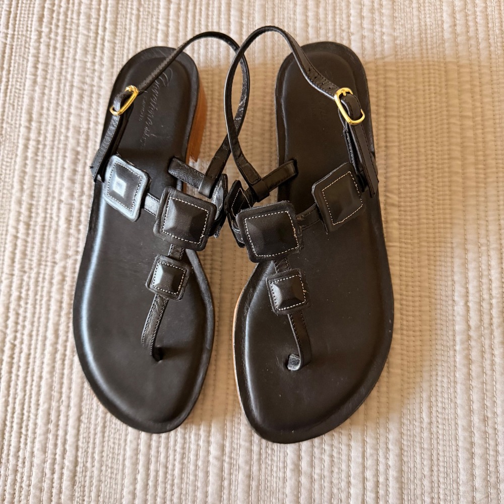 NEW Corcione dal 1925 Women Black Leather TStrap Slingback Sandals Italy Size 39